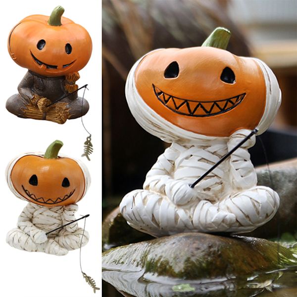 Græskar Fugleskræmsel Fiskeri Figur Sød Smil Græskar Hoved Fiskere Skulptur Udendørs Have Statue Til Halloween Bandage