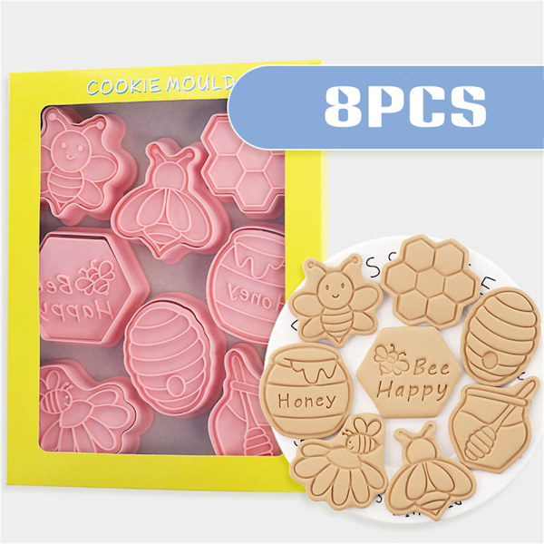 8 st Cartoon Bee Cookie Stencil 3D Kex Stencil Plast Baking Stencil