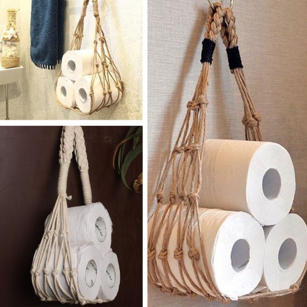 Handvävd rullpappershållare förvaringssnöreväska Boho Style Hängande bomullsrep Mesh för toalett badrum Brown