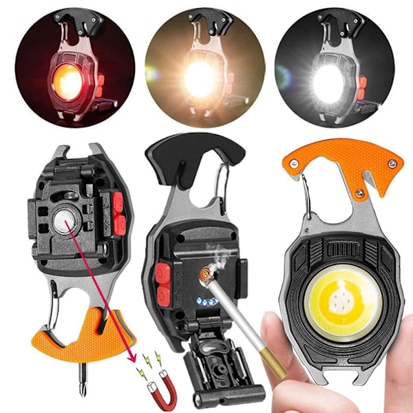 Cobs Nøkkelringlys Multifunksjon Mini LED Lommelykt Nødlys med Flaskeåpner for Utendørs Vandring Orange