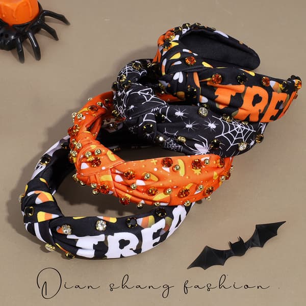Hodebånd for kvinner til Halloween med spøkelser, gresskar og edderkopper, knutehodebånd, høy kranium mesh-hårbånd D