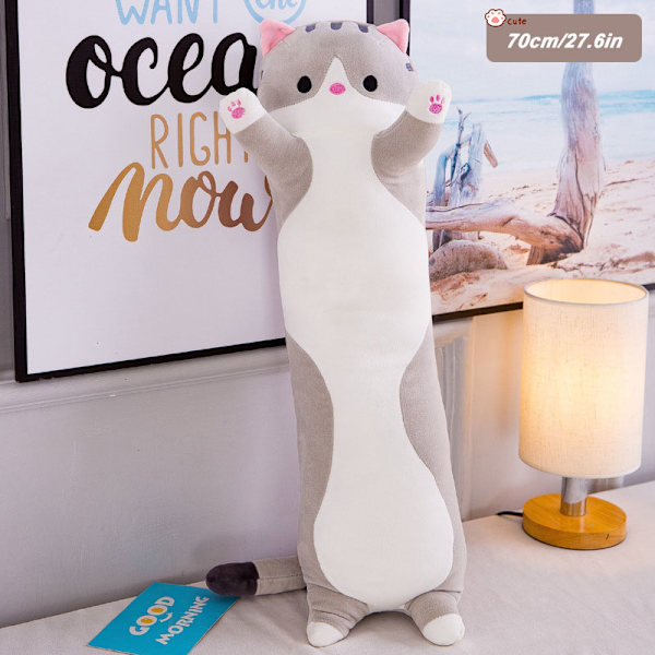 Cylindrisk katt figur kudde Mjuk sovande djur plysch docka säng soffkudde för barn Vuxna 50/70/90 cm lång Gray 70cm