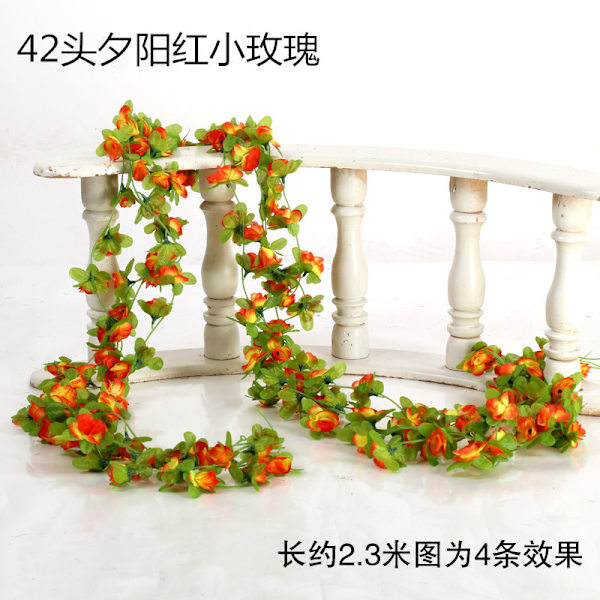 Hela 2,3 M DIY Hantverk Siden Blommor Färgglada hängande girland Konstgjord ros Heminredning Bröllopsfest Gröna löv Mode Murgröna Vine 夕阳红色