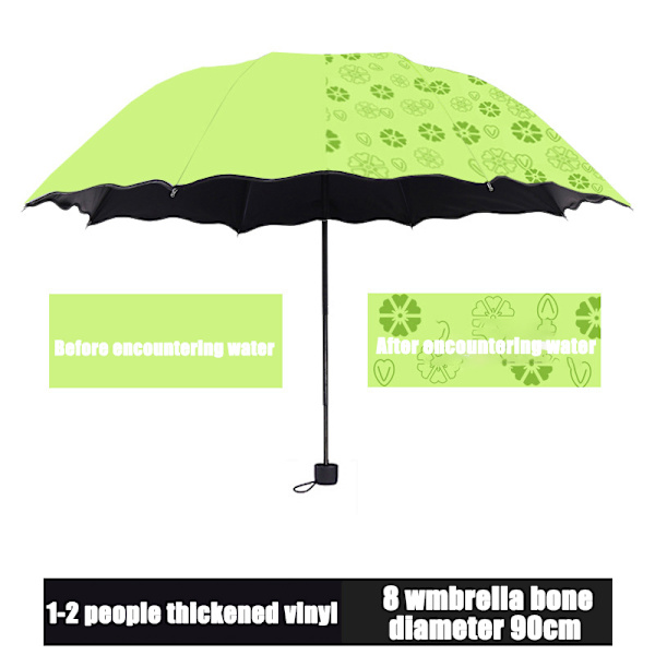 Bärbara damparaplyer Vindtäta 3-vikbara blommor i vatten ändrar färg Anti-UV sol/regn paraply Fruit Green
