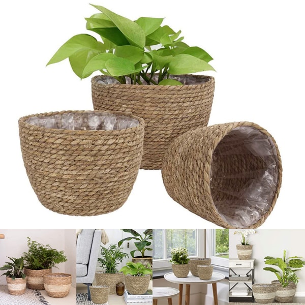 Gräs planteringskorg inomhus utomhus blomkrukor cover växtbehållare för hemmet Beige M