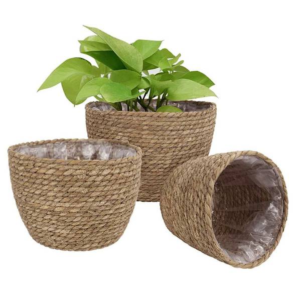 Gräs planteringskorg inomhus utomhus blomkrukor cover växtbehållare för hemmet Beige M