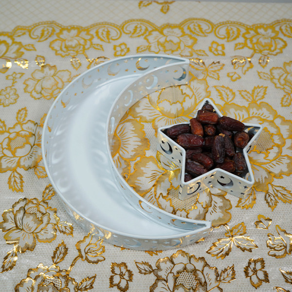 Eid Mubarak Moon/Star Serveringsbricka Bestick Dessert Mat Förvaringsbehållare Ramadan Smidesjärnsbricka För heminredning Star Moon White Paint White