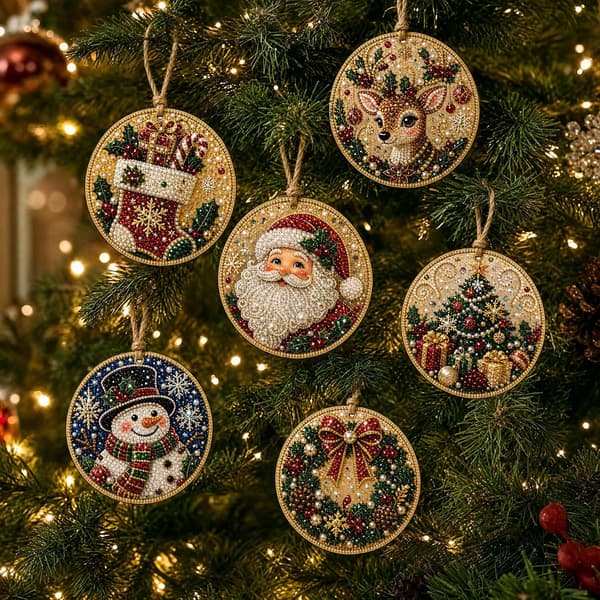 6 stk. julepynt i træ DIY perlekunstsæt til voksne hængende diamantkunst julepyntsæt B