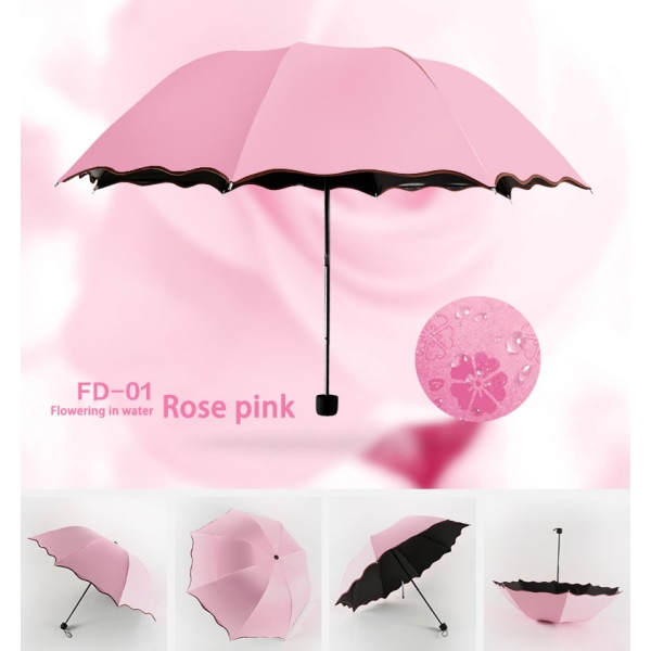 Bärbara damparaplyer Vindtäta 3-vikbara blommor i vatten ändrar färg Anti-UV sol/regn paraply Pink