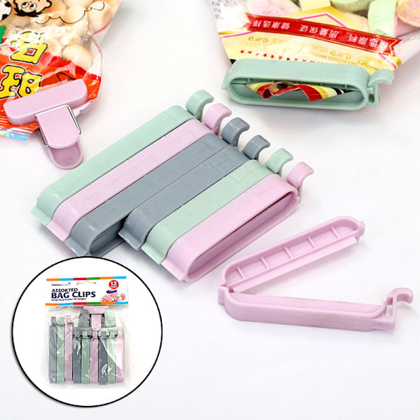 12 st/ set Snack Bag Sealer Färsk mat Förvaringspåse Clips Köksverktyg Tillbehör Mini tätningsklämma med 3 storlekar 3 färg