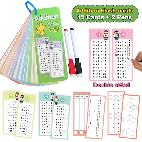 Matte-flashkort för barn 1-12 Addition/Subtraktion/Multiplikation/Division Tabellkort Barnets matematiska färdighetsutvecklingsmaterial B
