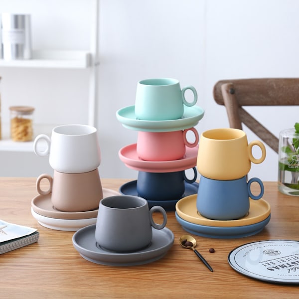 Kaffekoppar med bricka Porslin Te Matt keramik fat Mugg Macaron Hemtillbehör Pink
