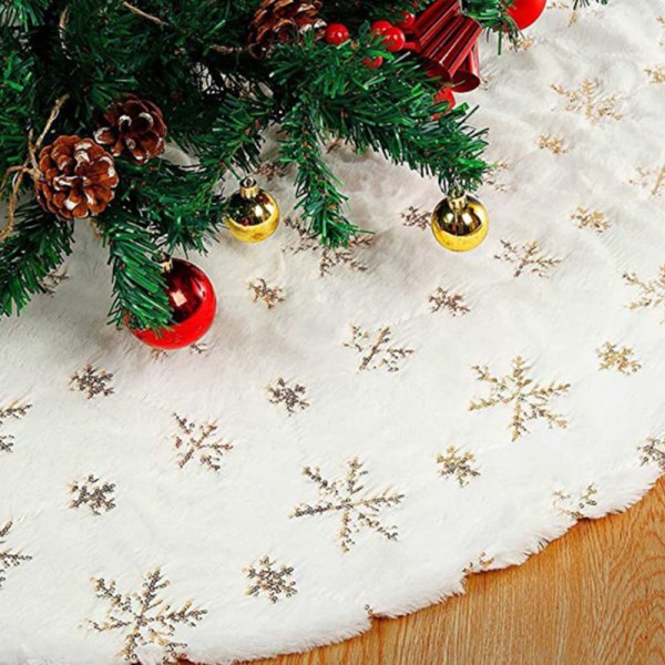 Plysch julgranskjol Snöflingor printed trädfilt Praktisk juldekoration för hembarfest Gold 1