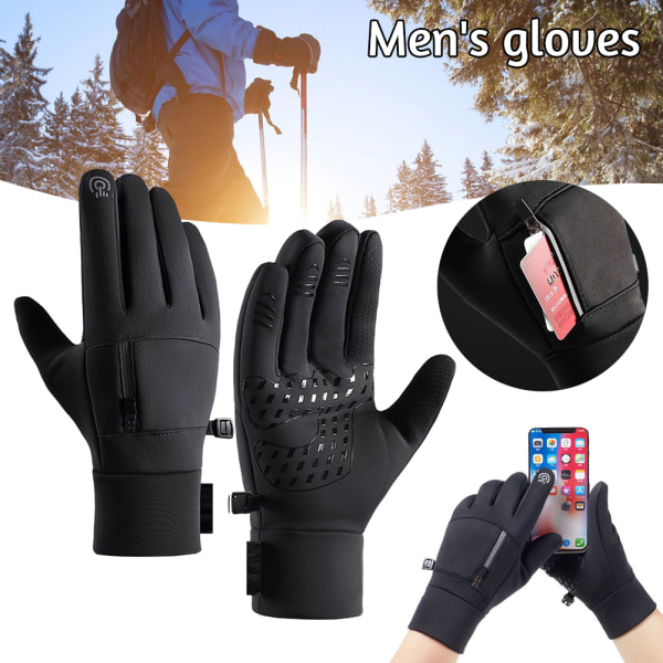 Skidhandskar med pekskärm för män med ficka Mjuka vattenavvisande thermal handskar för vandringsfiske Black M