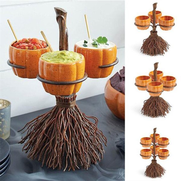 Halloween Pumpkin Snack Bowl Stativ Kreativt kvastskaft Dessert Godishållare skål Three