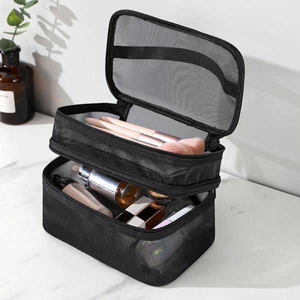 Bärbar Mesh Rese Kosmetisk Förvaringsväska Stor Kapacitet Lätt Toalettväska För Hem Hotell Makeup Three Layers