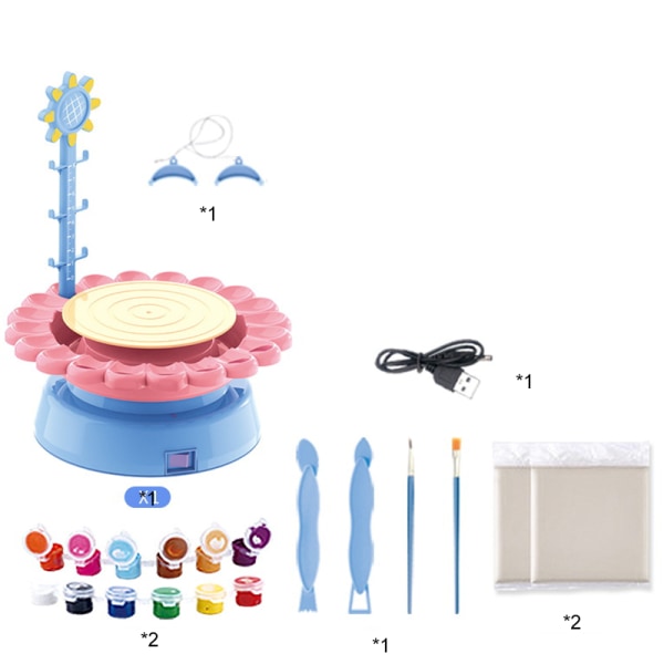 Clay Pottery Wheel Craft Kit Kids Nybörjare USB DIY-keramikmaskin med lufttorrande lera och färgpalett Pedagogisk leksak Pink
