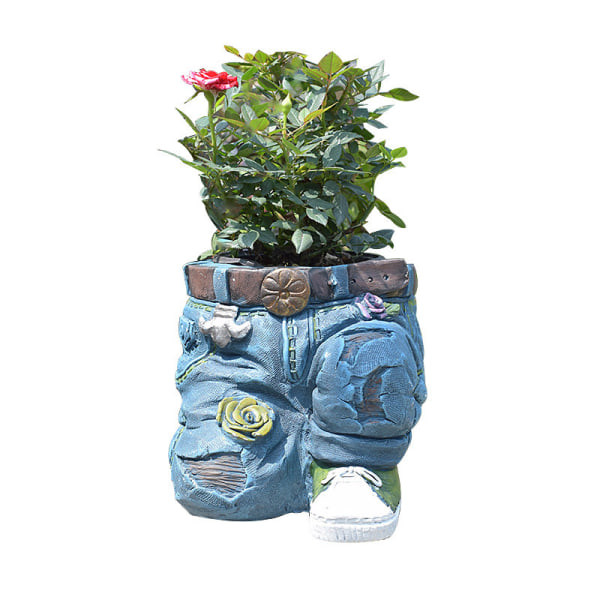 Denim Kläder Byxor Resin Blomkruka Staty Retro Trädgårdsprydnad För Hemma Innergård Dekoration Sittande/Knästående Pose Seated
