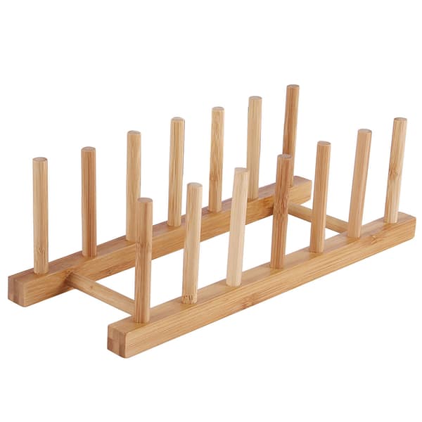 Bambu Trä Diskställ Tallrik Stativ Grytlock Hållare Köksskåp Organizer För kopp Skärbräda Skål Torkställ 6 Slots