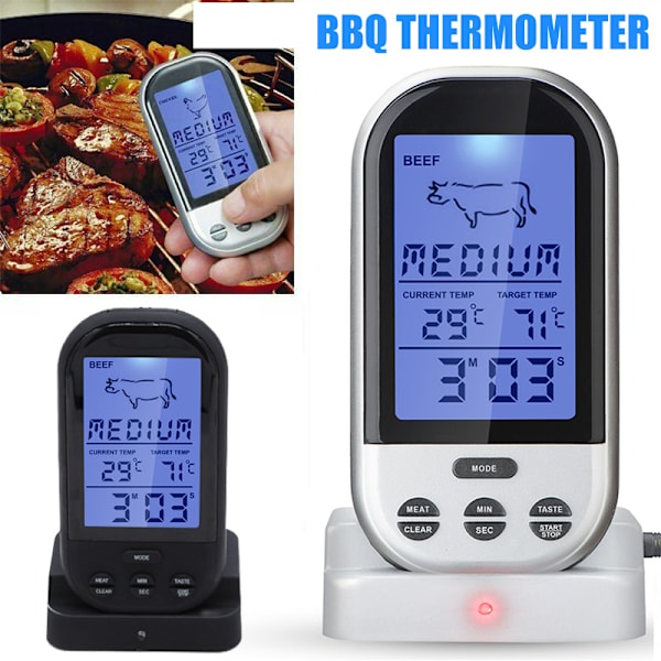 Trådlös digital termometer LCD BBQ Grill Kött Kök Ugn Mat Matlagningstermometer Silver