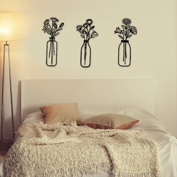 Metall väggkonstdekoration lätt blomma i kruka kreativ prydnad för vardagsrum kök sovrum Three In A Set