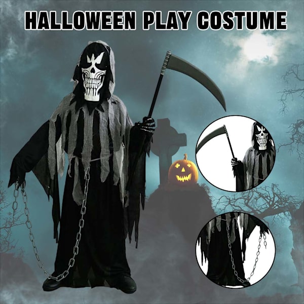Halloween Grim-Reaper Cosplay Kostym för Pojkar Temafest Rollspel Kostym Rekvisita EE371 M