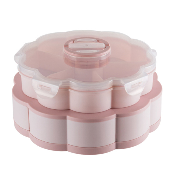 Kronbladsformad Roterande Snack Box Bord Godis Snacks Förvaringsbricka Dubbellager Hushåll Pink