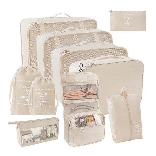 9 st/11 st enfärgad reseförvaringsväska Set Bärbar resväska Kläder packpåse för resa Beige