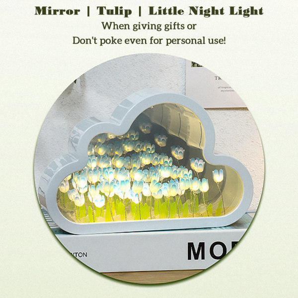 Mode molnformade tulpaner Spegel Nattljus Flerfunktionssnygg skrivbordslampa för studier Skrivbord Hem Blue Battery Box Type