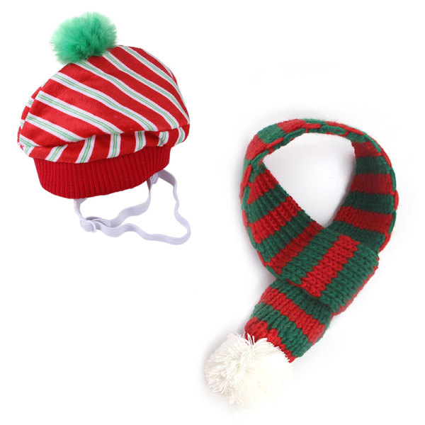 Jul Hund Katt Mössa Scarf Set Festival Pet Plysch Bär Dekorativ Xmas Outfit Husdjurstillbehör Tillbehör för alla raser Red Green M