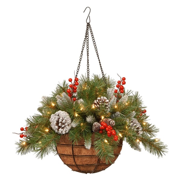 Konstgjord julhängande korg flockad med blandade dekorationer och vita LED-lampor hängande prydnad juldekor A