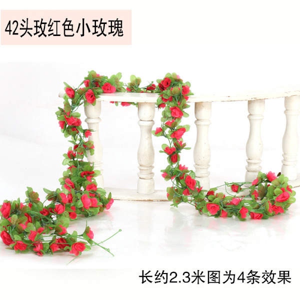 Hela 2,3 M DIY Hantverk Siden Blommor Färgglada hängande girland Konstgjord ros Heminredning Bröllopsfest Gröna löv Mode Murgröna Vine Red