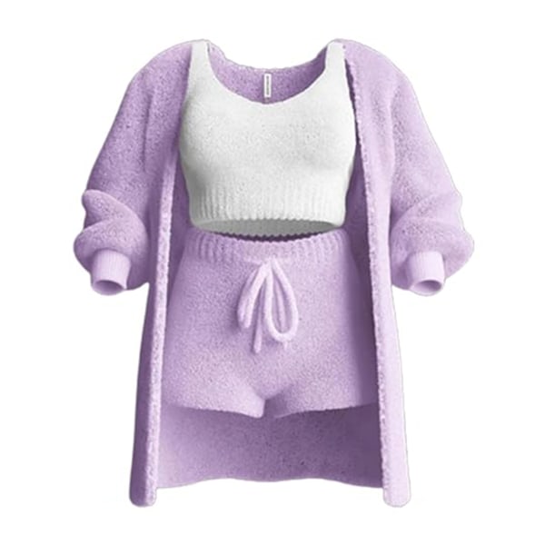 Mysig plyschpyjamas för kvinnor 3-delad set Snygga mjuka lösa sovkläder för sovrum inomhus Purple 3XL