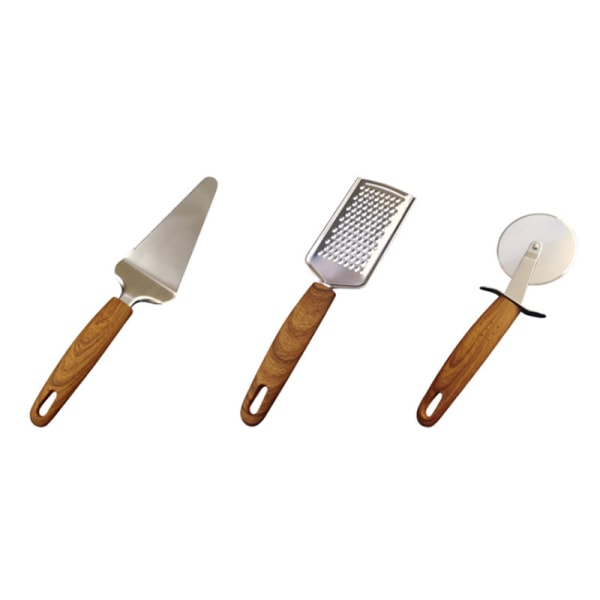 Set i rostfritt stål Pizzaskärare Triangulär spade rivjärn med träfibrer färghandtag för köksmaterial 3-piece Set