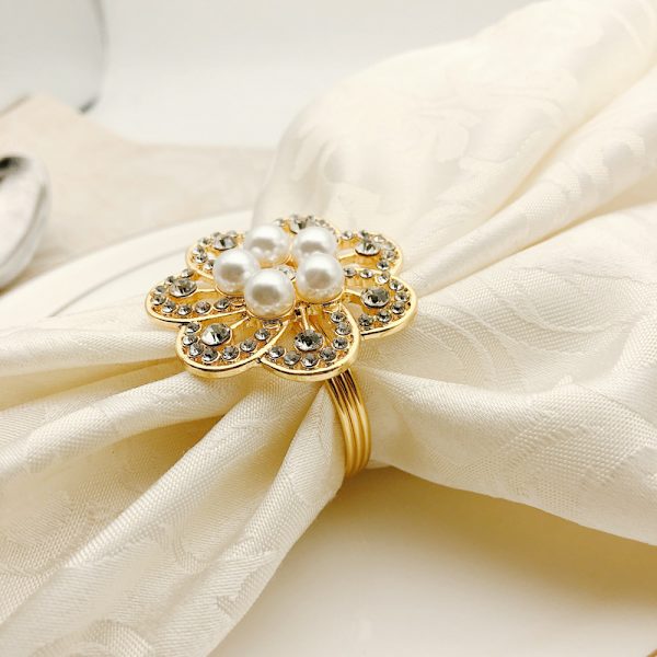 Servettknapp Hotell Serviser Pearl Flower Diamonds Festival Servettspänne Bord Tillbehör Imitation Gold 6 Piece Set