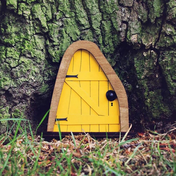 Trä tomtedörr Färgglad Fairy House-dörr Kreativa miniatyrlandskapstillbehör för trädgården Oval Door Yellow