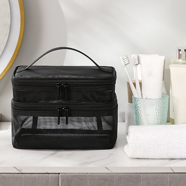Bärbar Mesh Rese Kosmetisk Förvaringsväska Stor Kapacitet Lätt Toalettväska För Hem Hotell Makeup Three Layers
