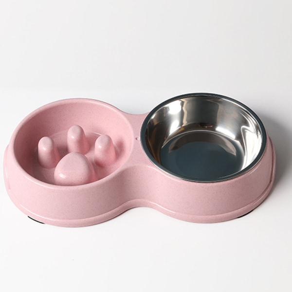 2-cellers Hund Slow Feeder Skål Slowing Eating Trainer Tallrik med rostfritt stål Vattenskål Anti-halk matautomat Pink
