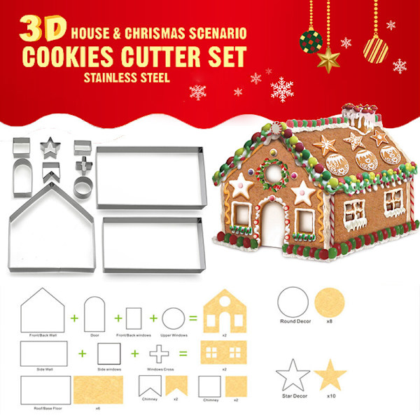 10 st rostfritt stål jul hus kakskärare kit 3D choklad hus kakskärare set