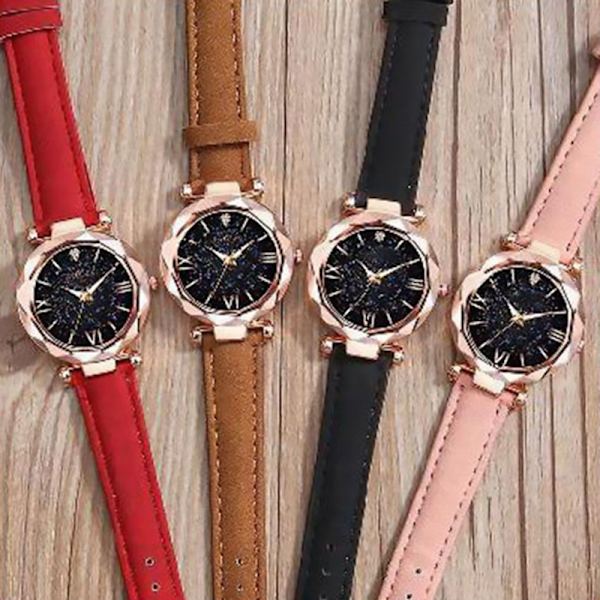 Watch Round Star Dial romerska siffror Watch med perforerad frostad rem Pink