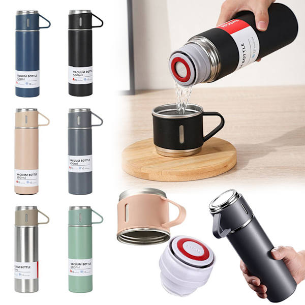 Vakuumkolvset med lock, återanvändbar läcksäker rostfri stålvattenflaska presenter set Grey
