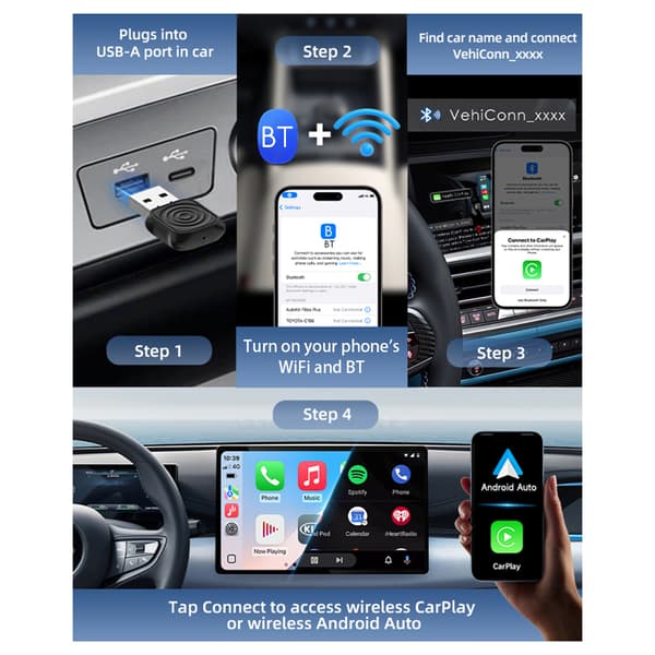 Bilkablet til trådløs Carplays-boks Lagfri forbindelse Stabil trådløs Androids Auto-adapter Black