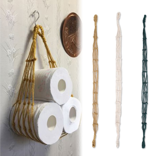 Handvävd rullpappershållare förvaringssnöreväska Boho Style Hängande bomullsrep Mesh för toalett badrum Dark Green