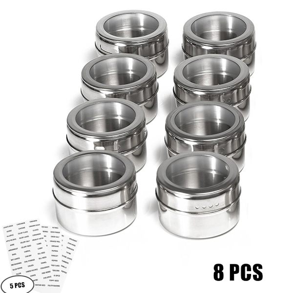 Genomskinligt lock Magnetisk set i rostfritt stål Kryddsås Förvaringsbehållare Burkar Kök
