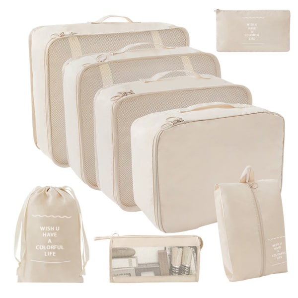 8 st Resepackningskuber för toalettartiklar Kosmetika Digital bärbar resväska Kläderpackningsväska för resa Beige