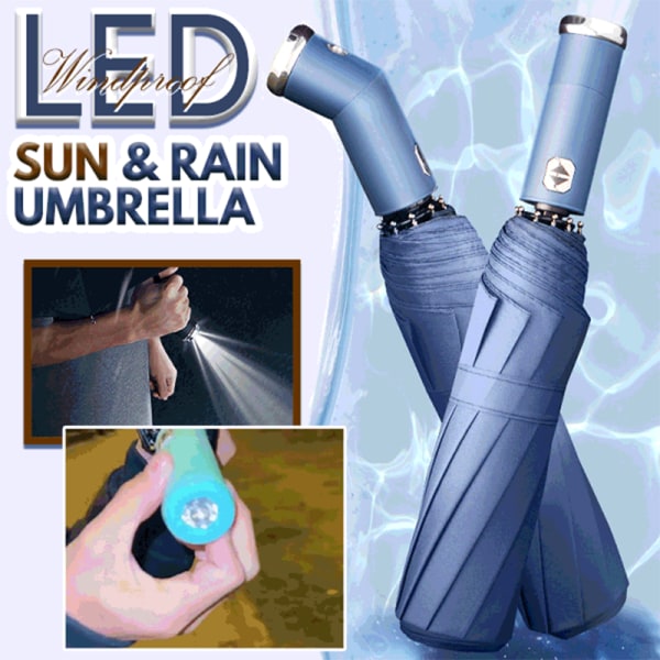 Vindtätt LED sol- och regnparaply Helautomatiska paraplyer med 10 revben och 3-faldiga unisex Haze Blue