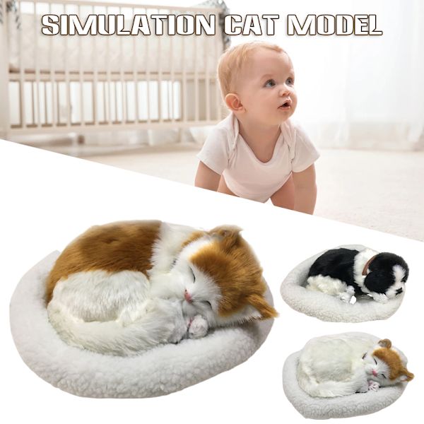 Söt simulering sovande katt/hund plyschdocka med bo som andas fluffig katt/hund födelsedagsjulklapp till barn C