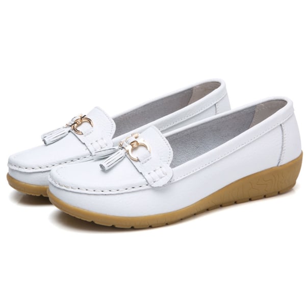 Kvinnors äkta läder Mjukt Bekväma Flat Loafers Handgjorda Casual Shoes White 42