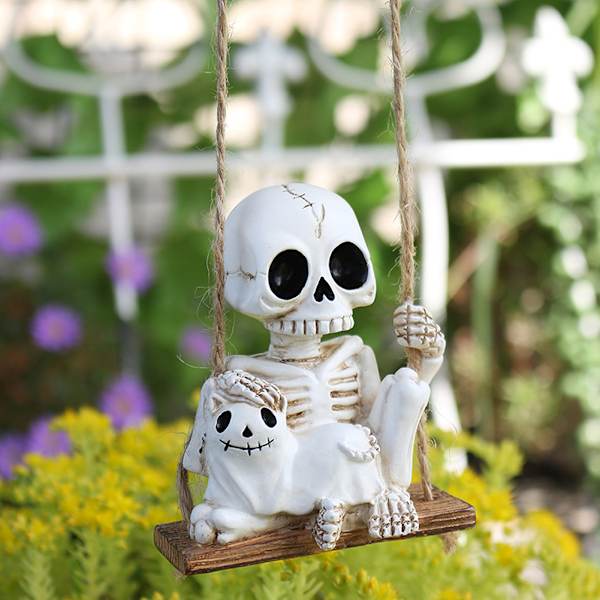 Keinuva pääkallo puutarhakoriste mini pääkallohahmot hartsi luurankoveistos ulkokäyttöön Halloween-sisustukseen Cat