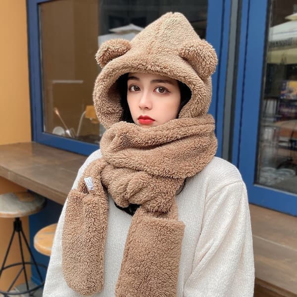 Bear-Ears Scarf Hat Set Förtjusande vindtät pendlingsmössa för utomhusbruk White